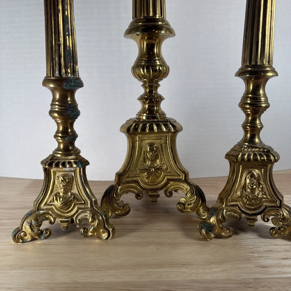 Set 3 Antique Church Altar Tall Brass Candlesticks Mary Joseph Jesus 20.5